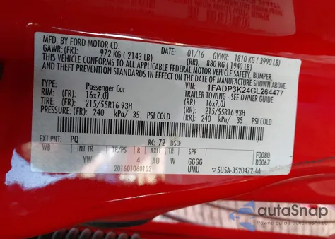 2016 Ford Focus Se from USA, damaged, VIN 1FADP3K24GL264477